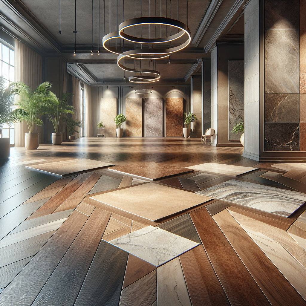 An interior showcasing various flooring options including vinyl planks, hardwood, and modern tiles.