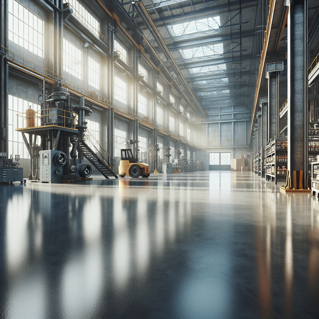 An industrial space showcasing a durable epoxy floor with machinery and racks.