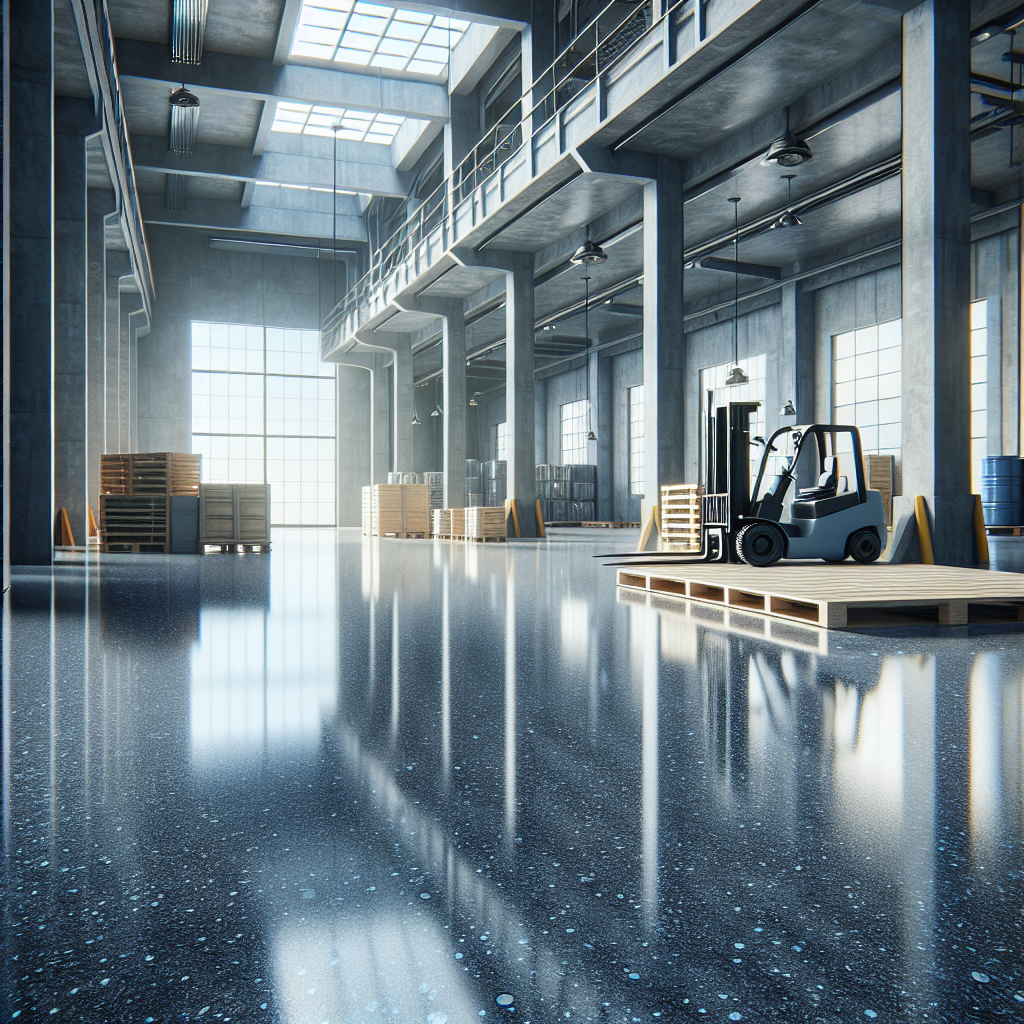 A modern epoxy floor in an industrial setting with tools and machinery, showing its durability.