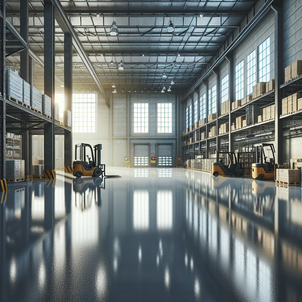 A spacious warehouse with shiny epoxy flooring and heavy machinery.