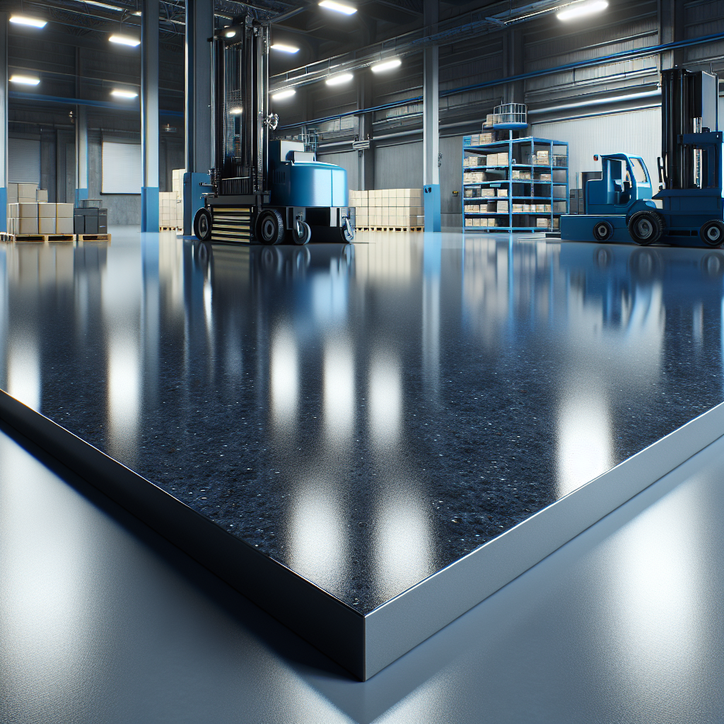 A polished epoxy floor in an industrial warehouse setting.