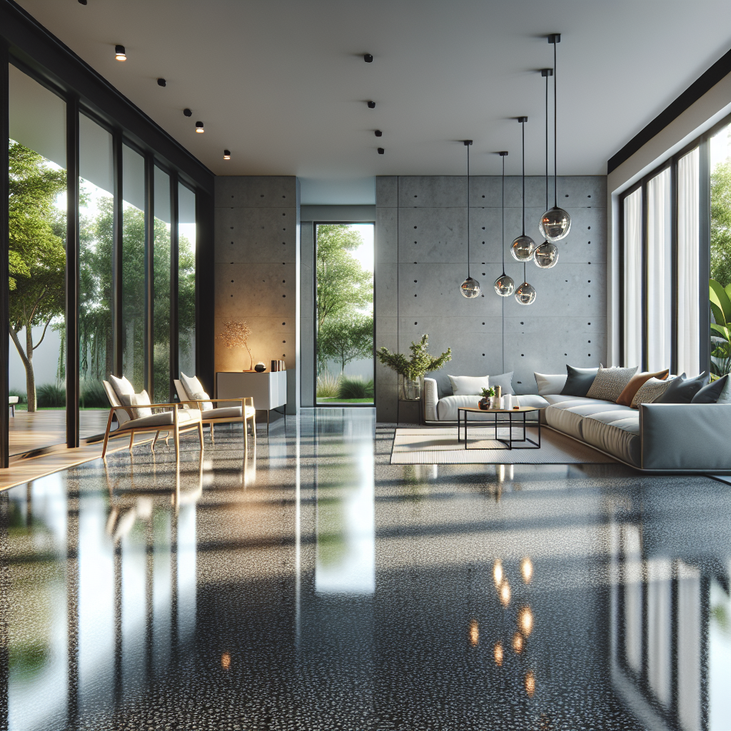 A modern interior space featuring glossy epoxy flooring, contemporary furniture, and large windows with greenery outside.