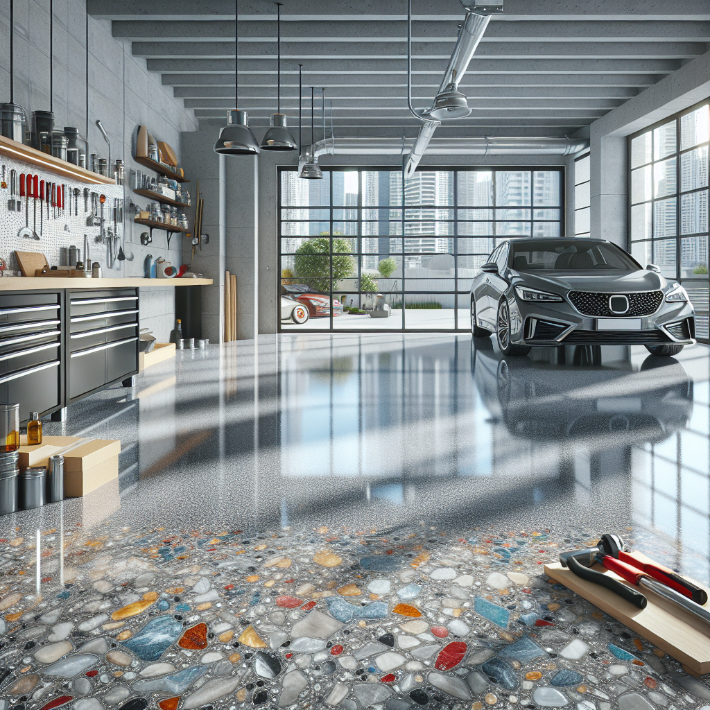 A modern epoxy floor in a garage with tools and a car, highlighting its glossy finish.