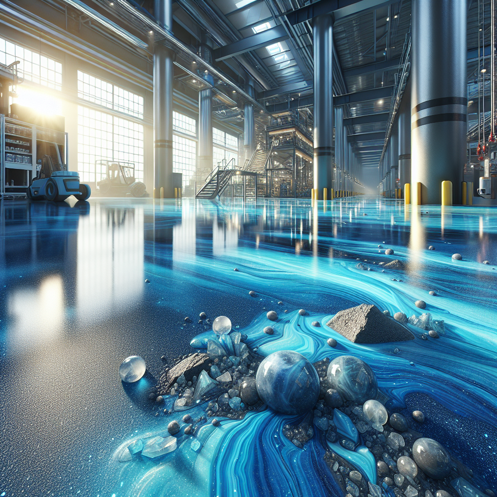 A realistic image of glossy blue epoxy flooring in an industrial setting.