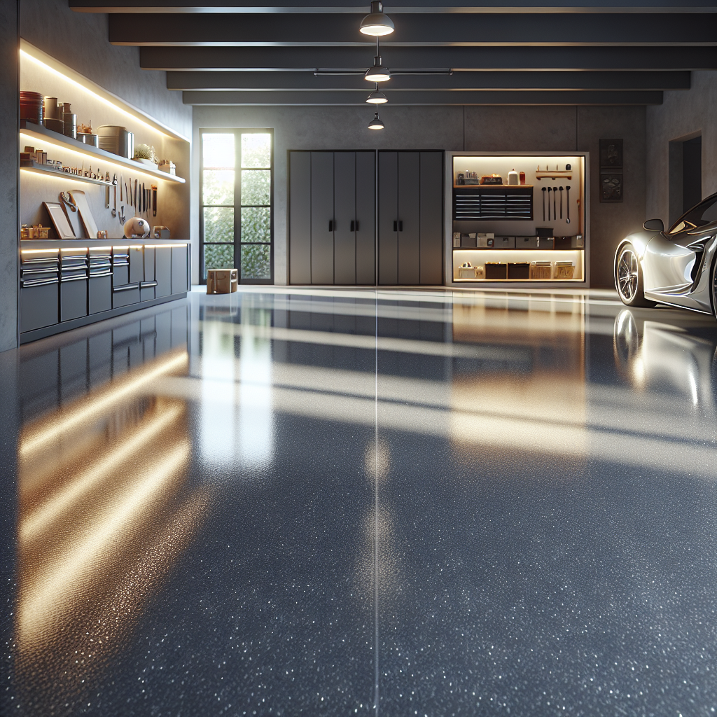 An epoxy garage floor with a glossy, reflective surface and a shiny car parked on it.