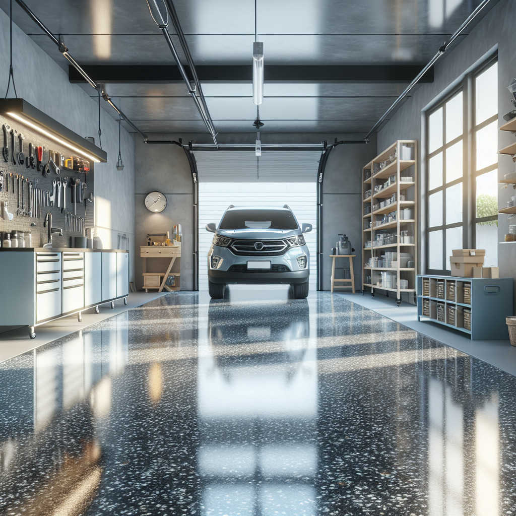 A stylish garage featuring a glossy epoxy floor with tools and a vehicle, illuminated by natural light.