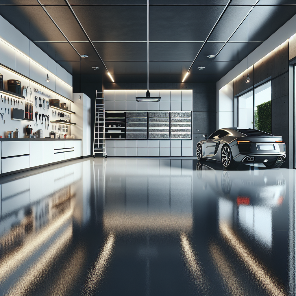 An epoxy-finished garage floor with a glossy, reflective surface.