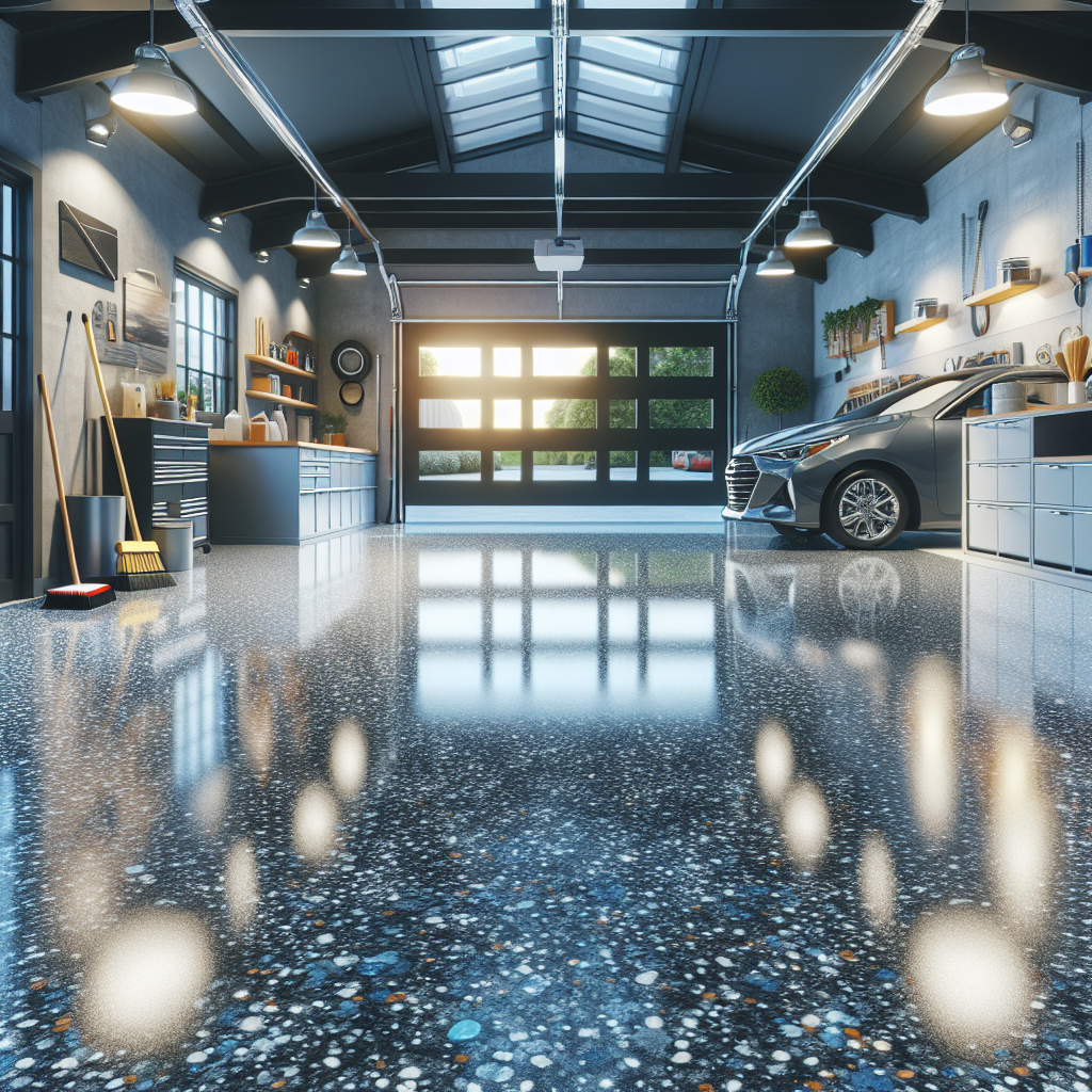 A glossy epoxy garage floor with speckles, a parked car, and cleaning tools.