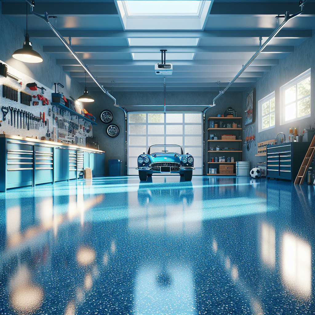 A modern garage with a glossy blue epoxy-coated floor and organized tools.