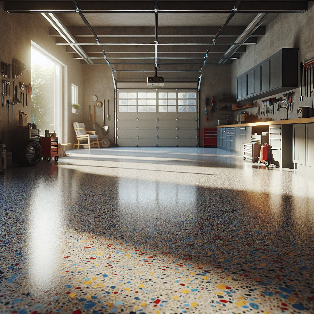 A freshly coated epoxy garage floor with colorful speckles, bright lighting, and neatly organized tools.