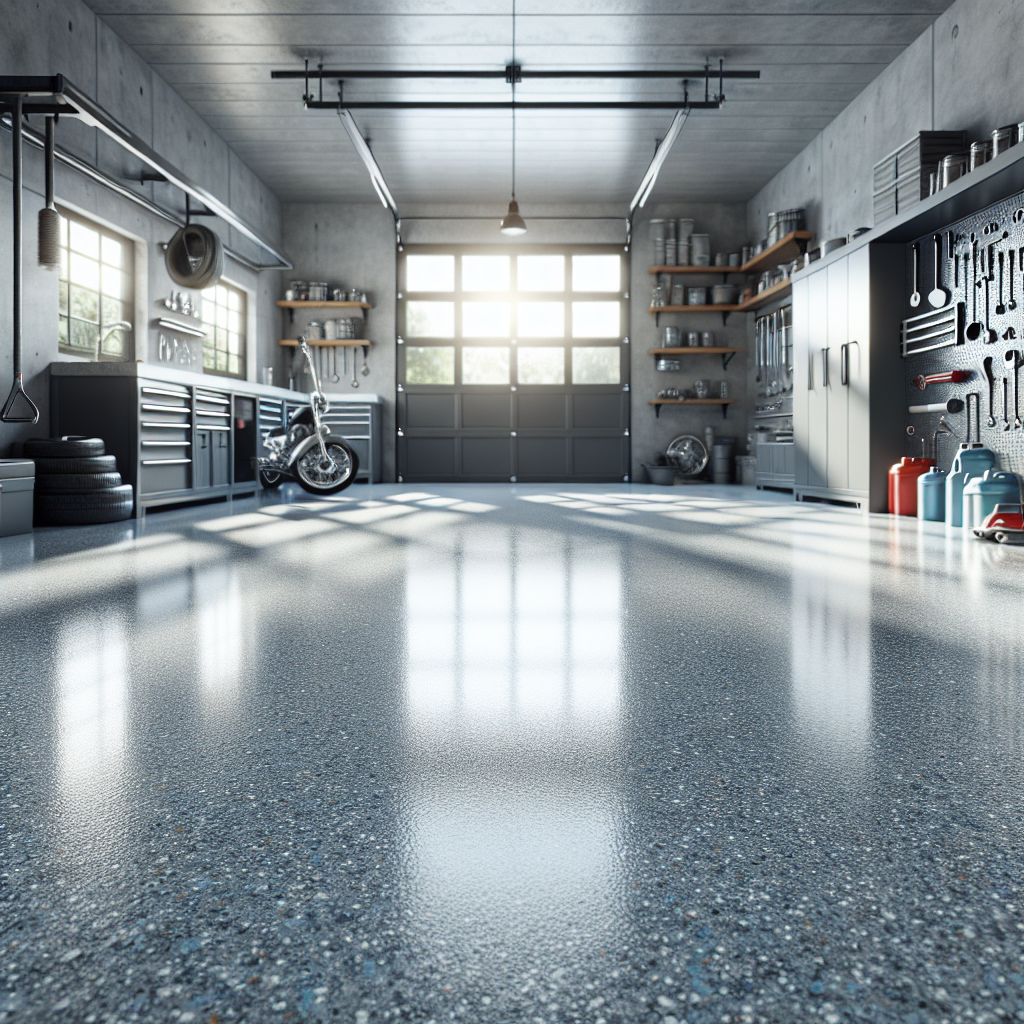 A modern garage floor with a glossy epoxy finish in a well-lit space.