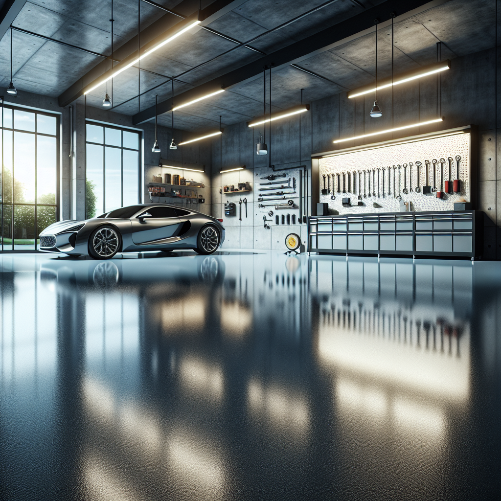 A modern garage with a shiny epoxy floor and a luxury car.