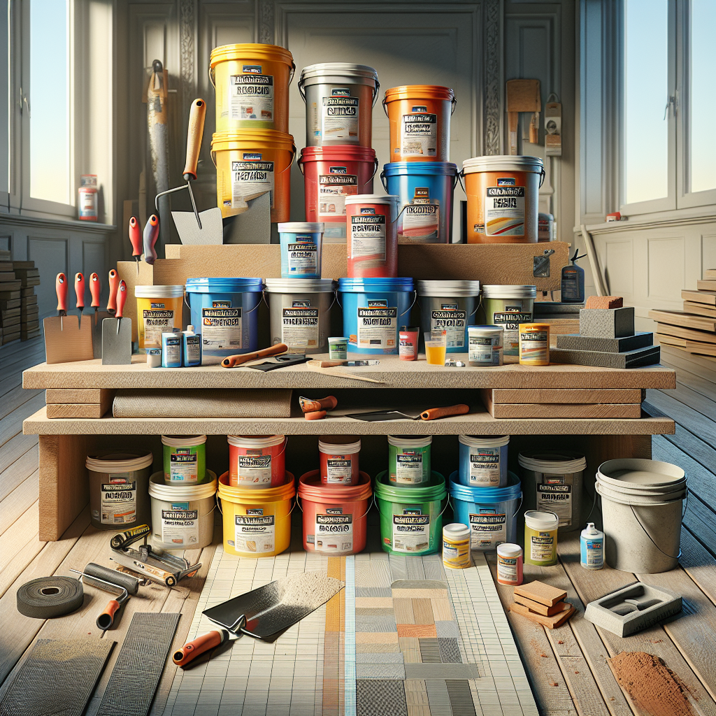 A variety of SK floor filler products on a wooden workbench with tools and a partially finished floor.