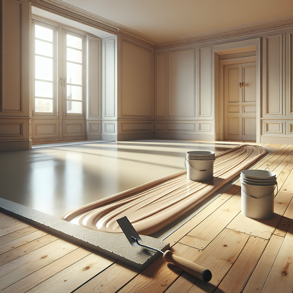 A room under renovation featuring SK floor filler applied to a wooden floor, with renovation tools in a naturally lit environment.