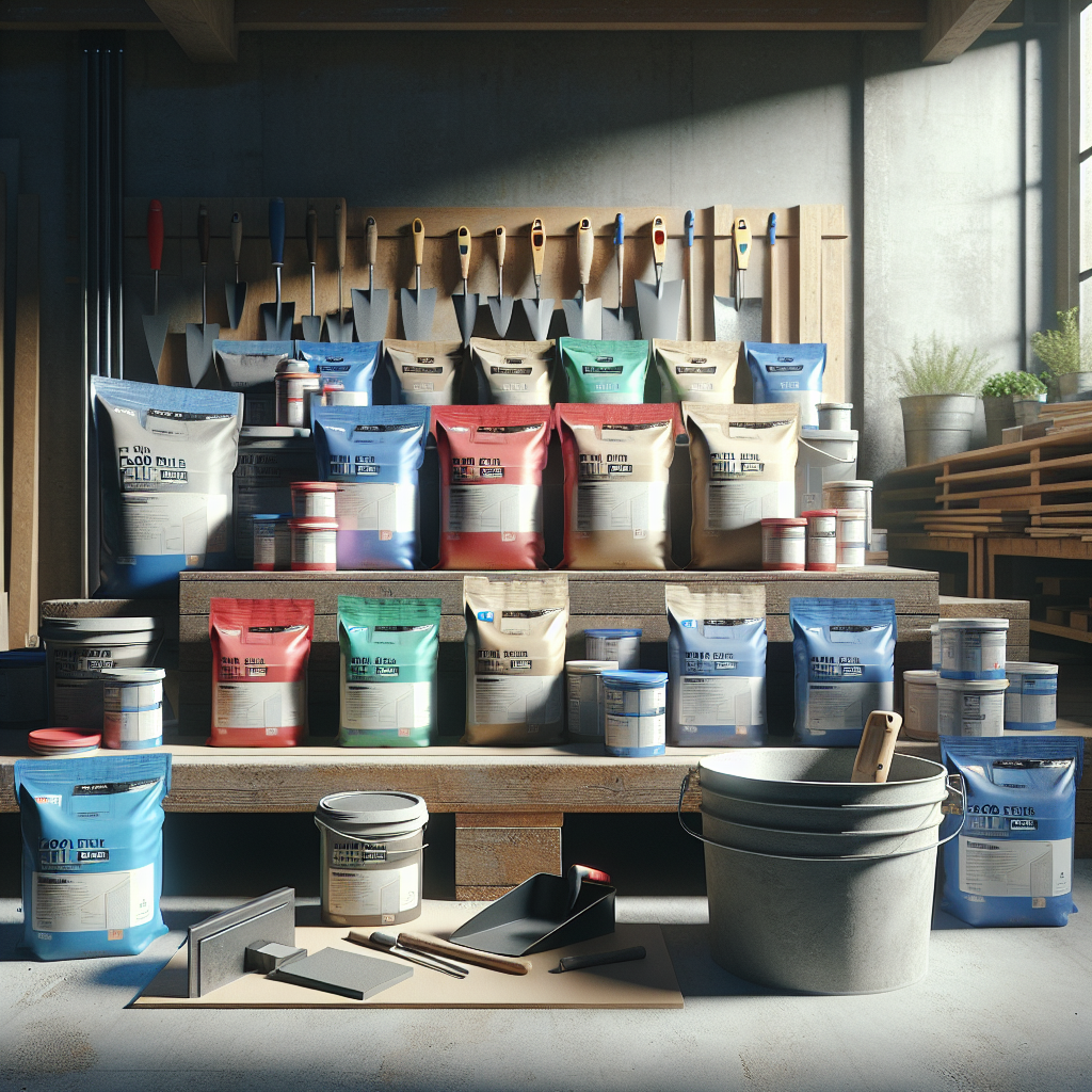 A collection of SK floor filler products and tools on a workbench.