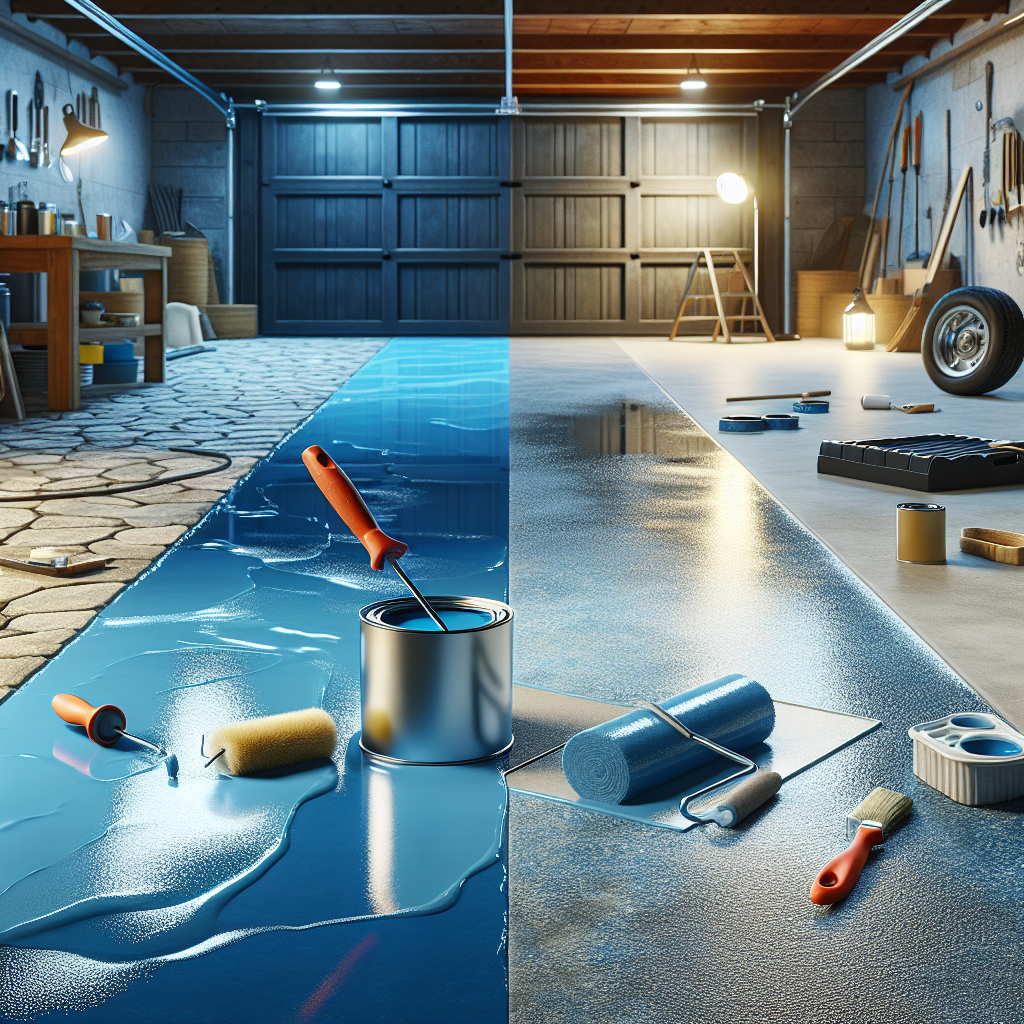 A garage floor being painted with blue epoxy, showing tools and paint supplies.