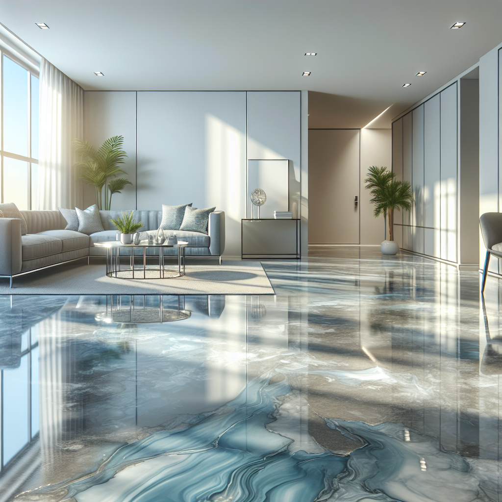 A modern residential space with a glossy epoxy floor in blue and gray hues.