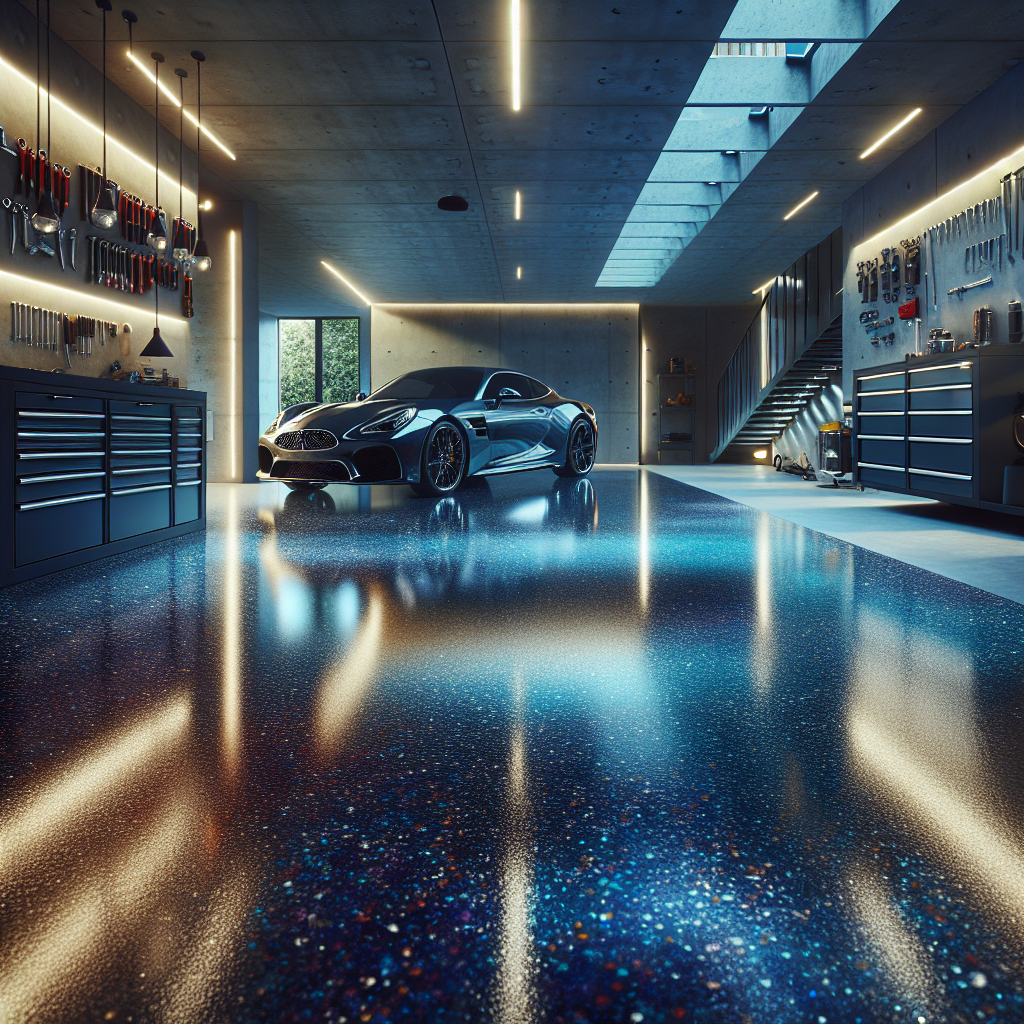 A modern garage with a glossy epoxy-coated floor and organized tools.