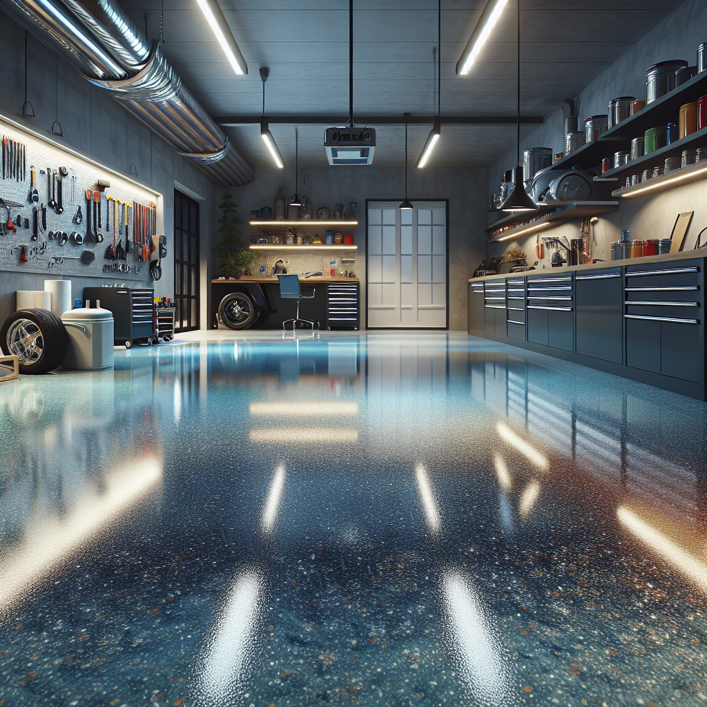 A glossy epoxy garage floor with a vibrant color pattern, tools in a clean garage setting.