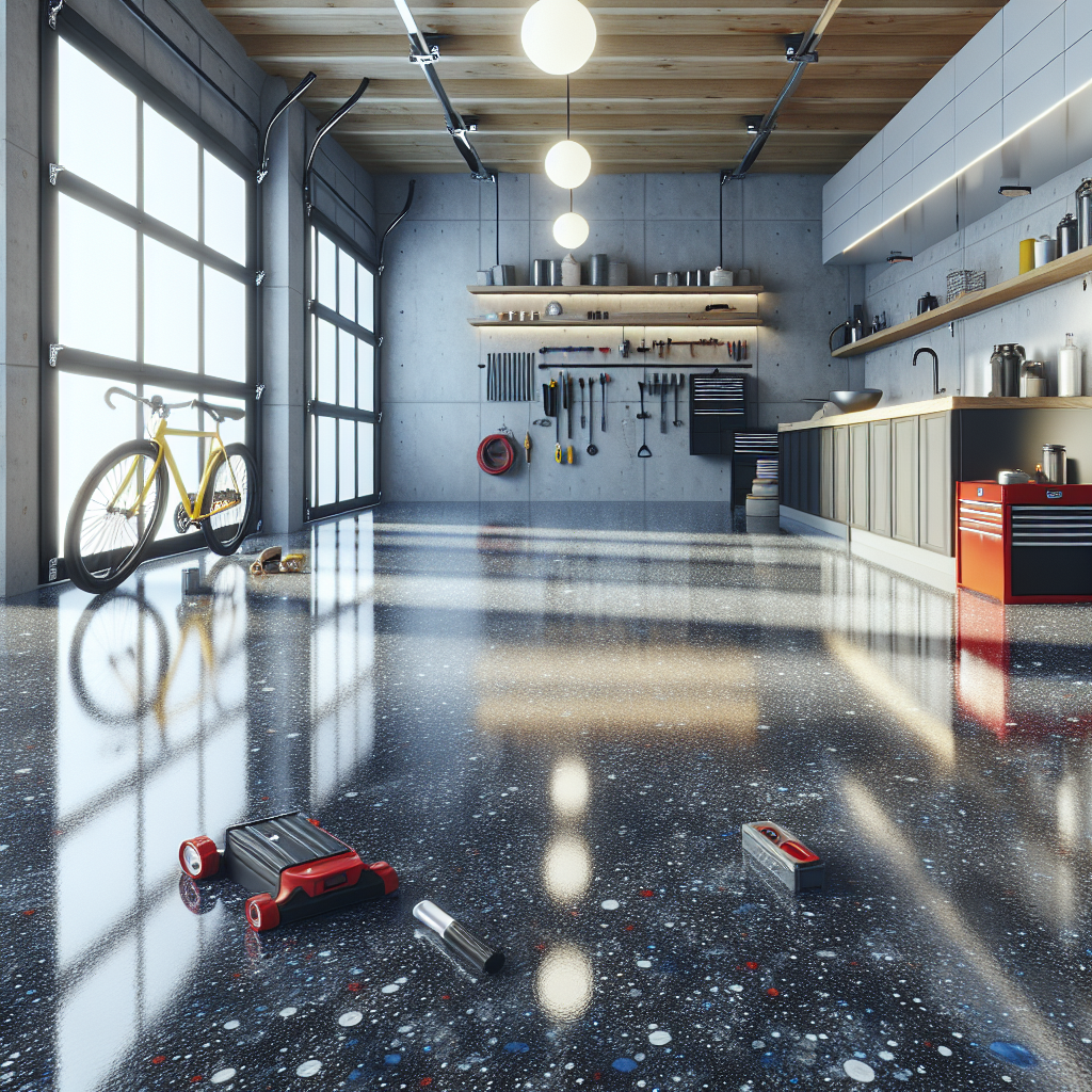 A modern garage floor featuring a glossy epoxy coating with tools and a bicycle, without text.