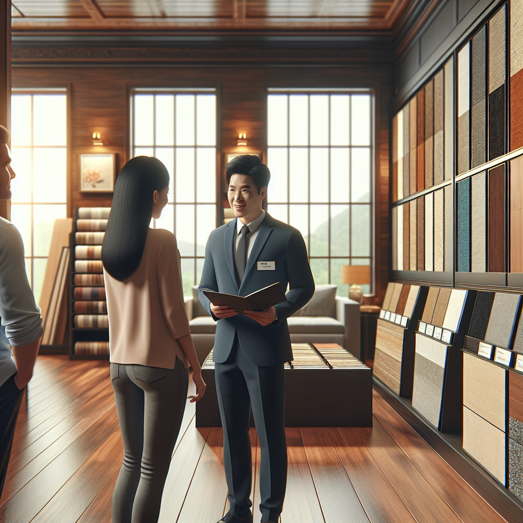 An interior flooring showroom with various flooring options and a staff member helping customers.