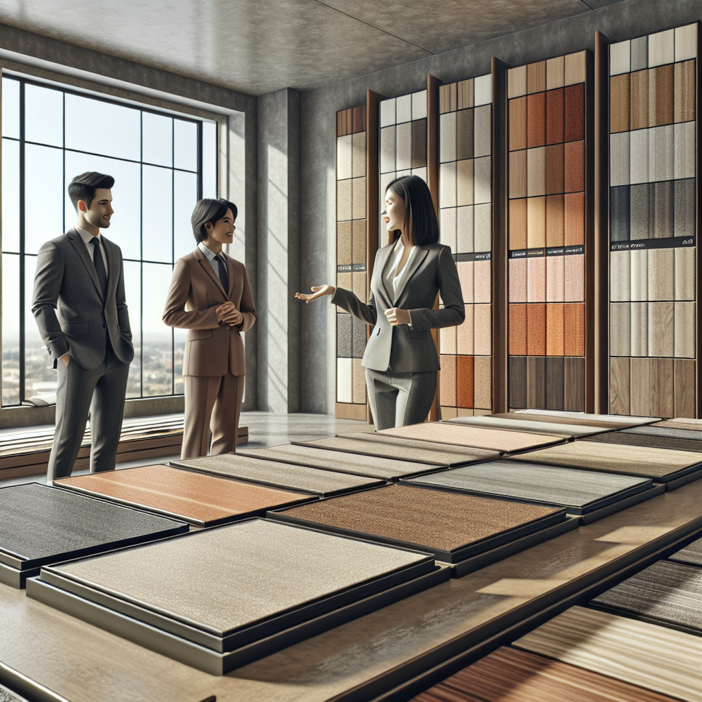 A contemporary flooring showroom with various flooring types on display and a consultant assisting clients.