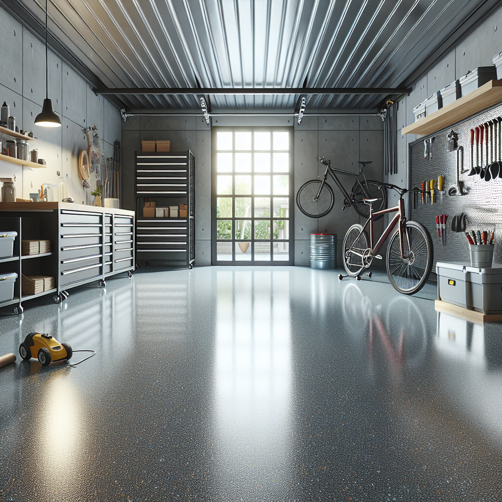 A modern garage floor with a shiny epoxy coating, surrounded by tools and bicycles.