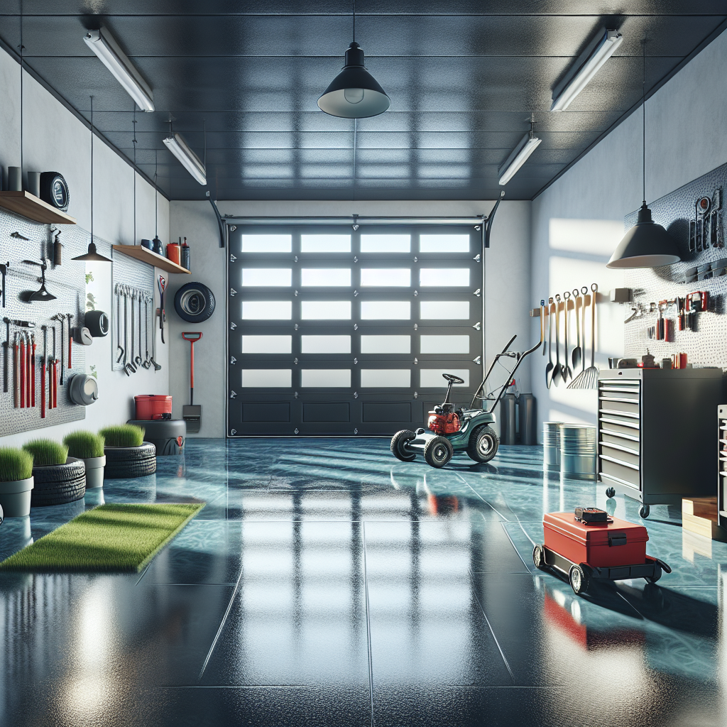 A realistic depiction of a glossy epoxy garage floor with tools and equipment.