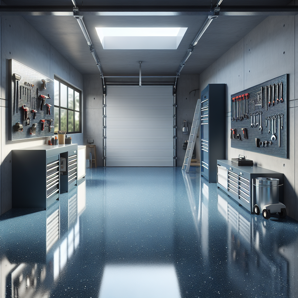 A modern garage with a glossy blue epoxy floor and organized tools.