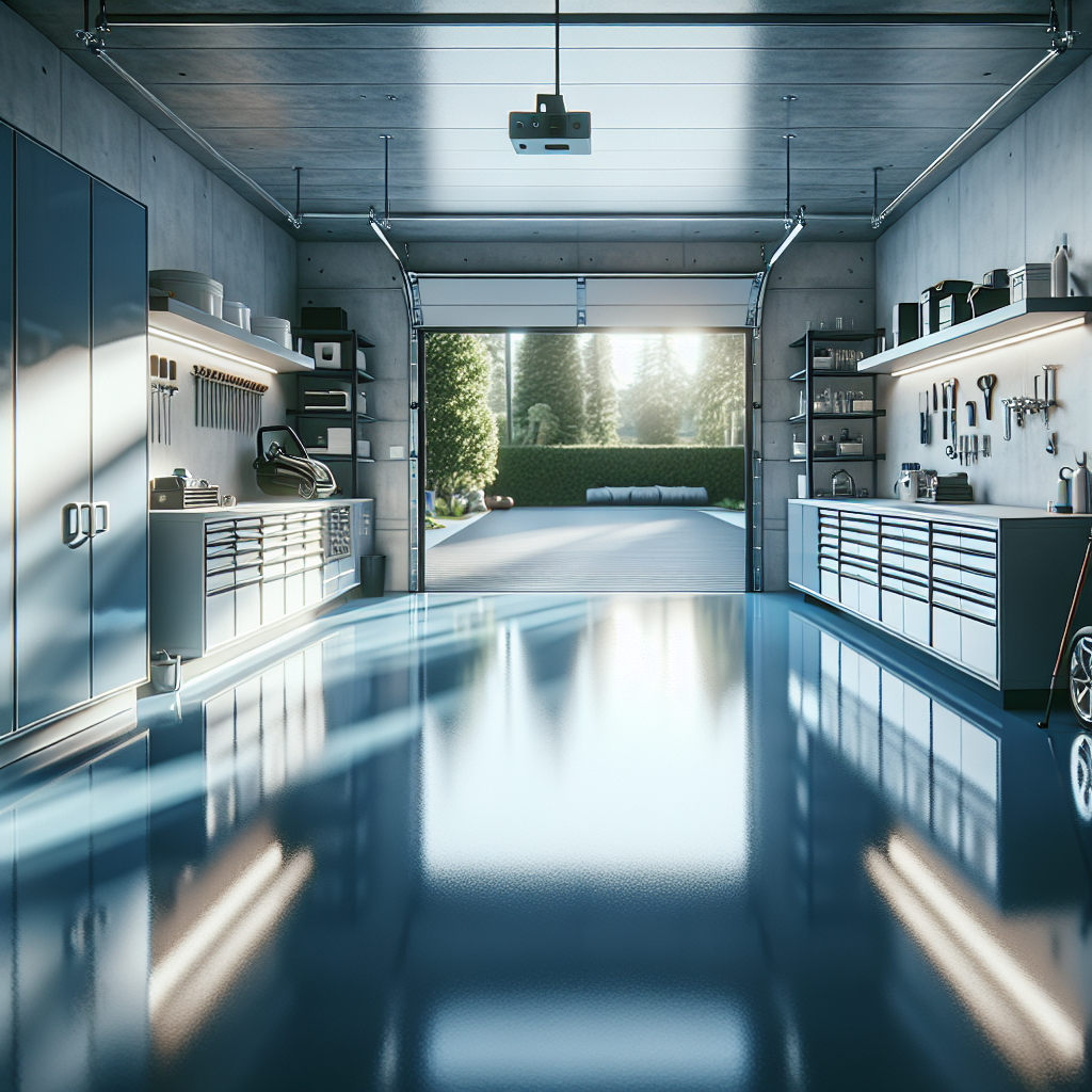 A modern garage featuring glossy epoxy flooring and organized tools.