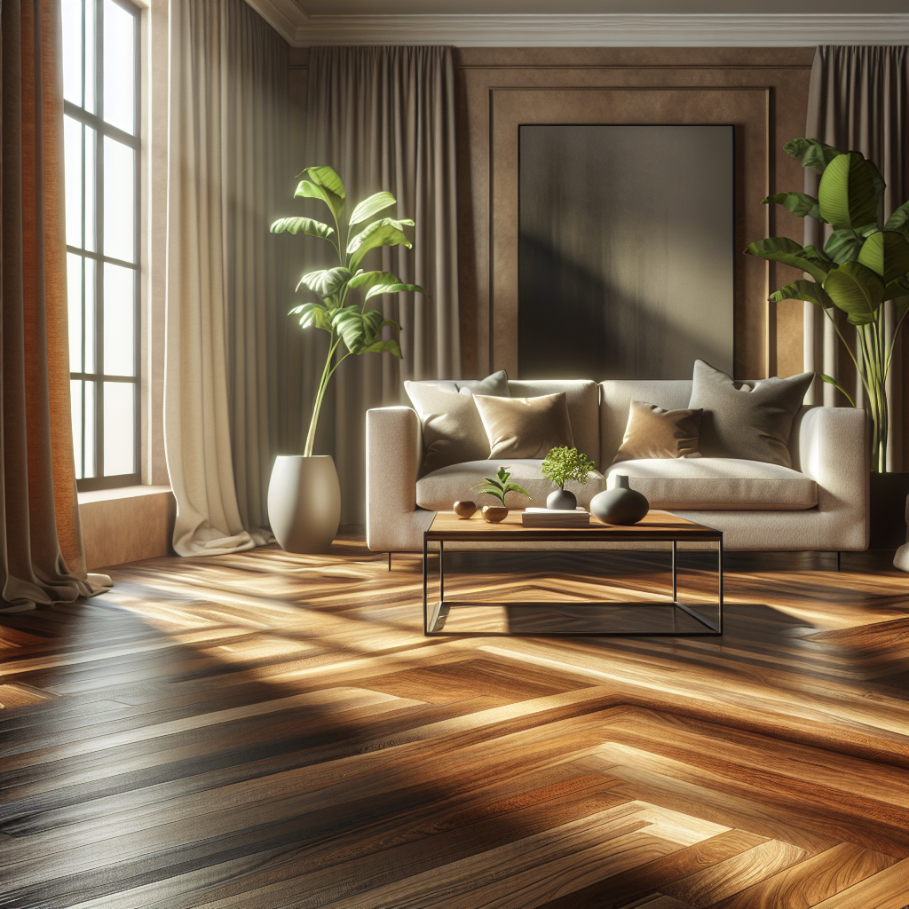 A cozy modern living room with a hardwood floor and natural light.