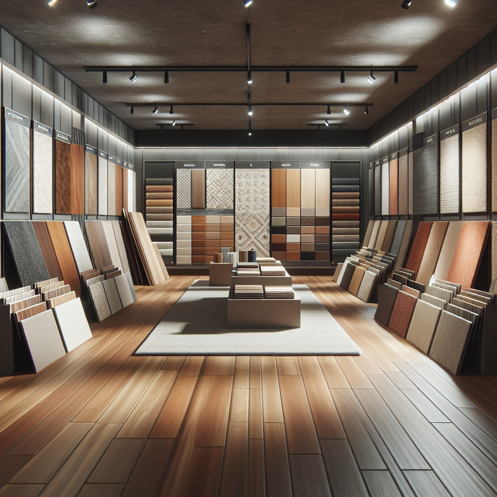 A modern flooring showroom displaying various types of flooring.