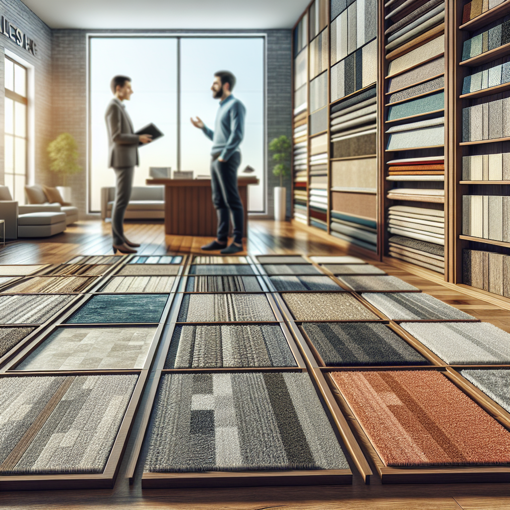 A flooring showroom displaying various flooring types with a sales associate and a customer.