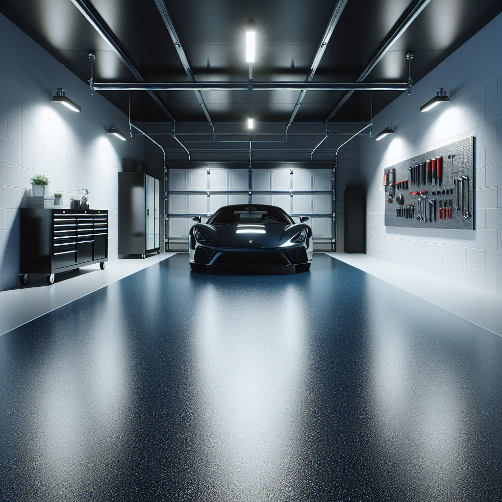 A modern garage with a glossy navy blue floor coated with J and I Floor Coating.