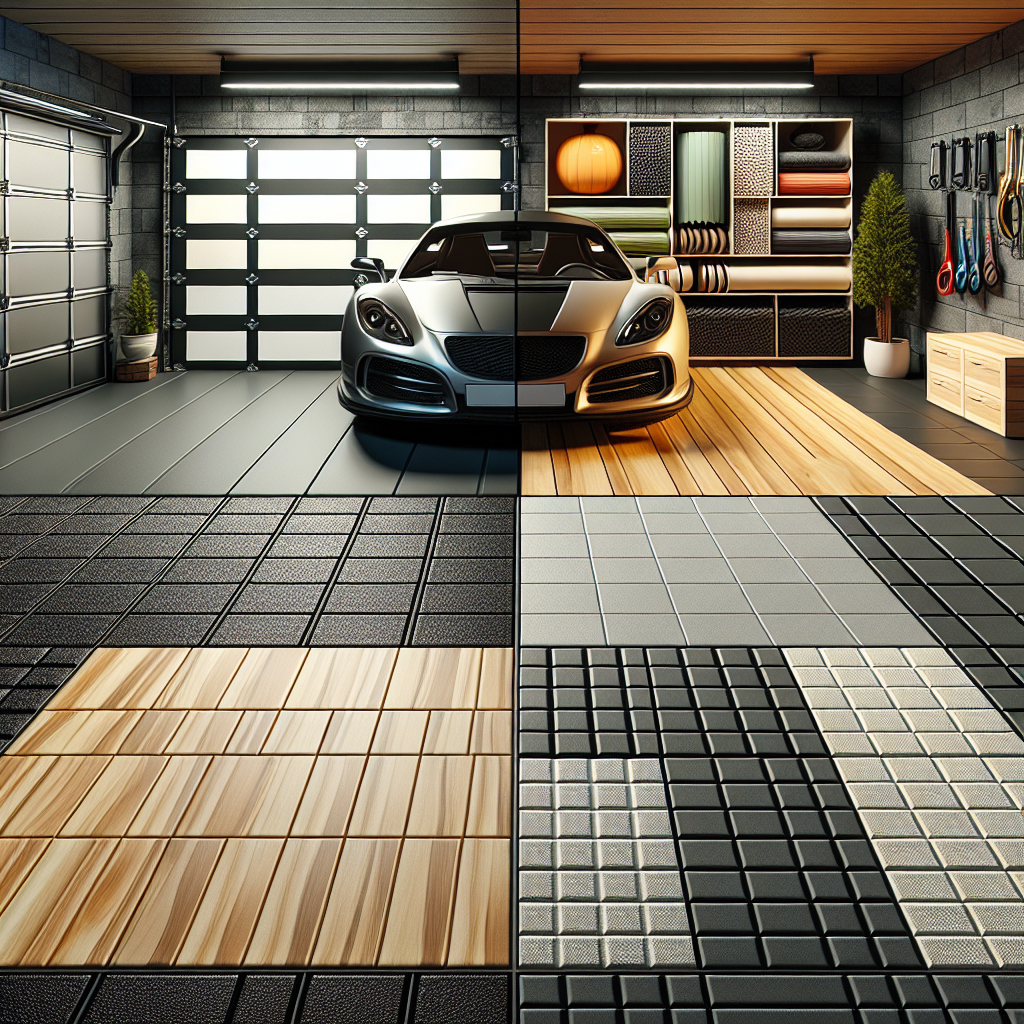 An interior view of a garage showcasing different flooring options.