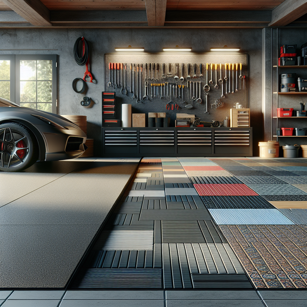 A realistic garage interior showcasing various flooring options including polished concrete, rubber tiles, and vinyl flooring.