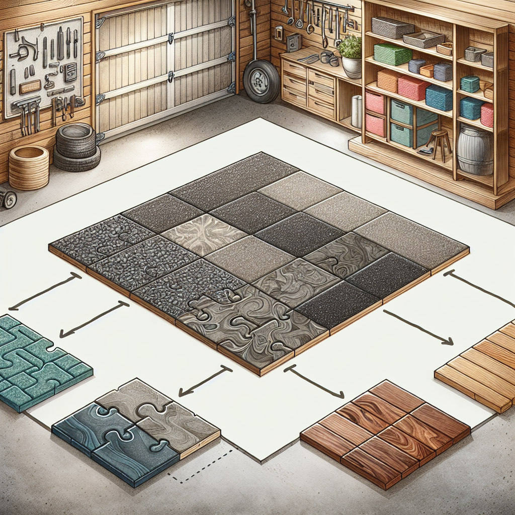 Various alternative garage floor options: rubber mat, foam tiles, stained concrete, and wood planks.