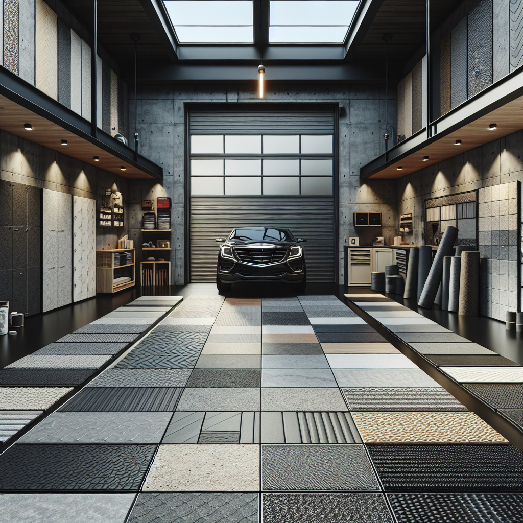 A modern garage interior showing various flooring options like tiles, concrete, and mats.