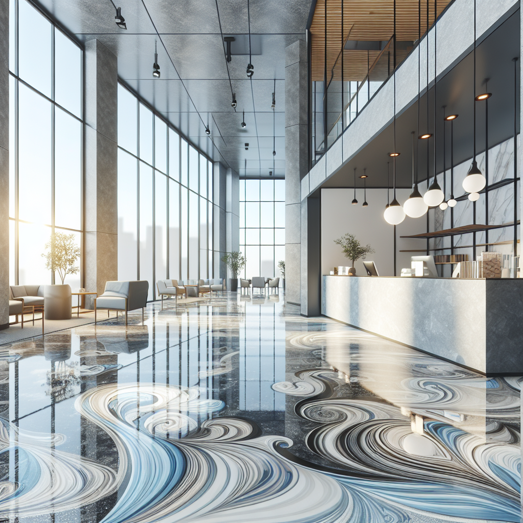 A modern commercial space featuring custom epoxy flooring with intricate designs.