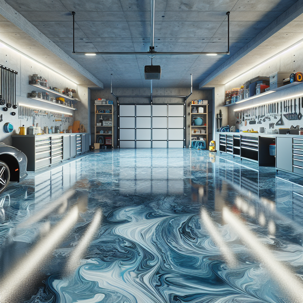 A modern epoxy flooring installation in a garage with glossy blue and gray patterns.