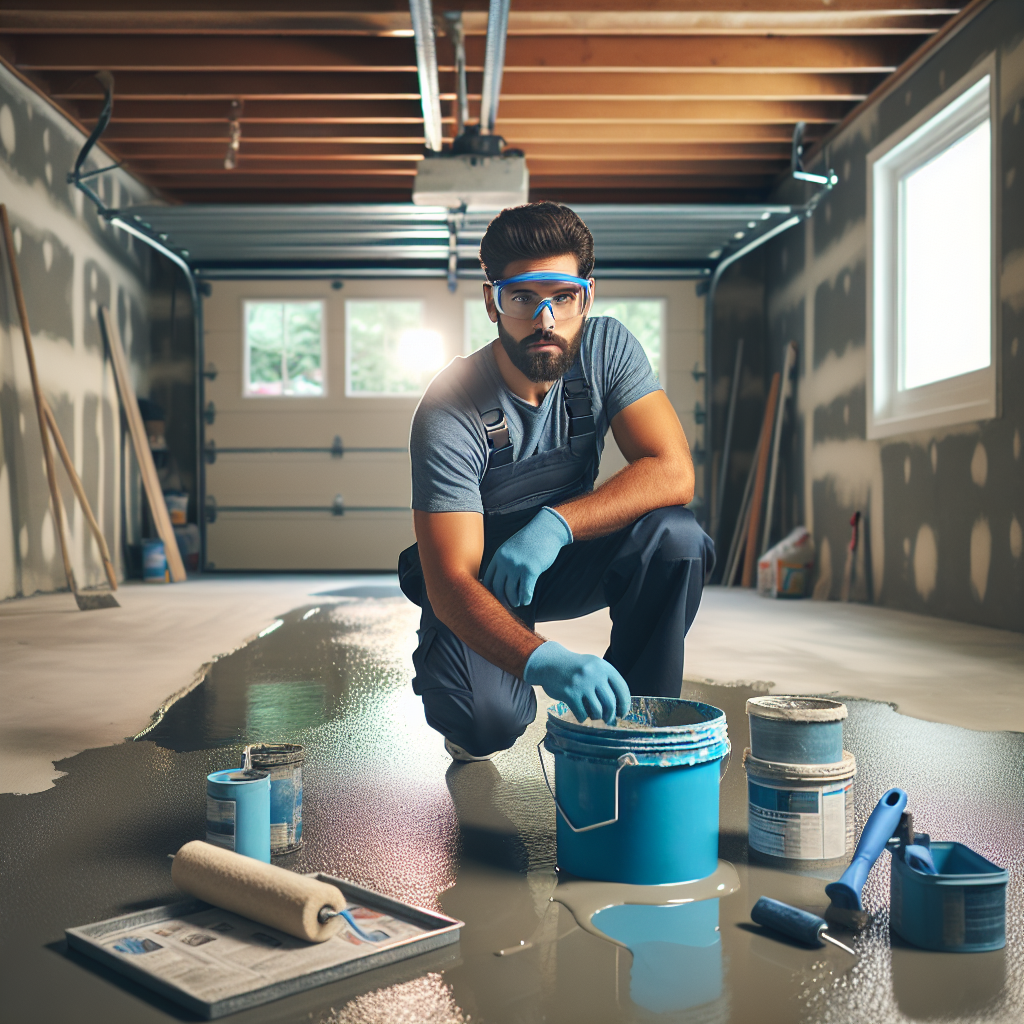 A worker mixing epoxy resin in a garage during the flooring process.