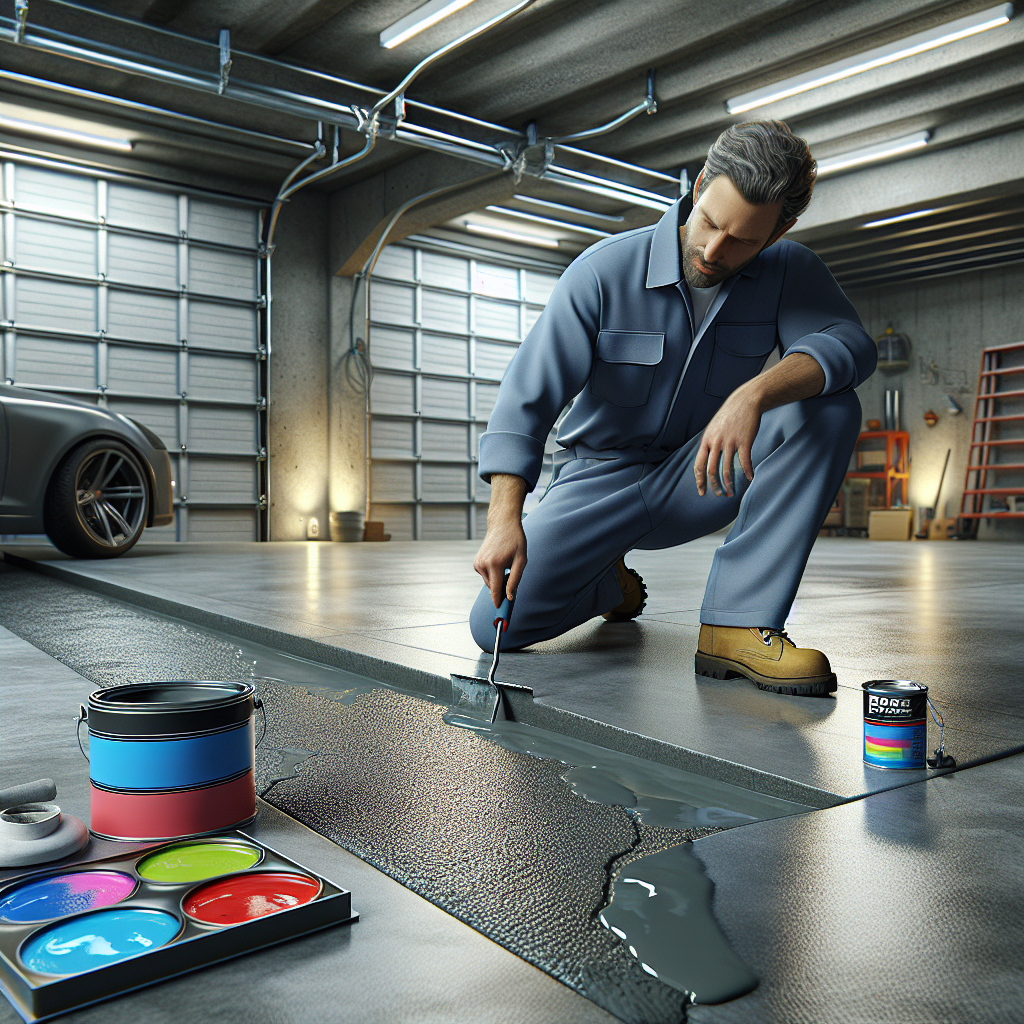 A worker preparing a garage floor for epoxy application, showcasing the epoxy process.