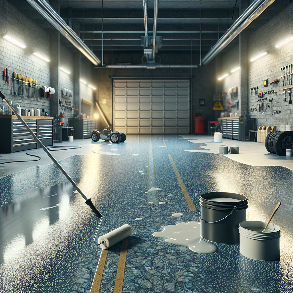 Interior of a garage preparing for epoxy flooring application with tools and patched concrete.