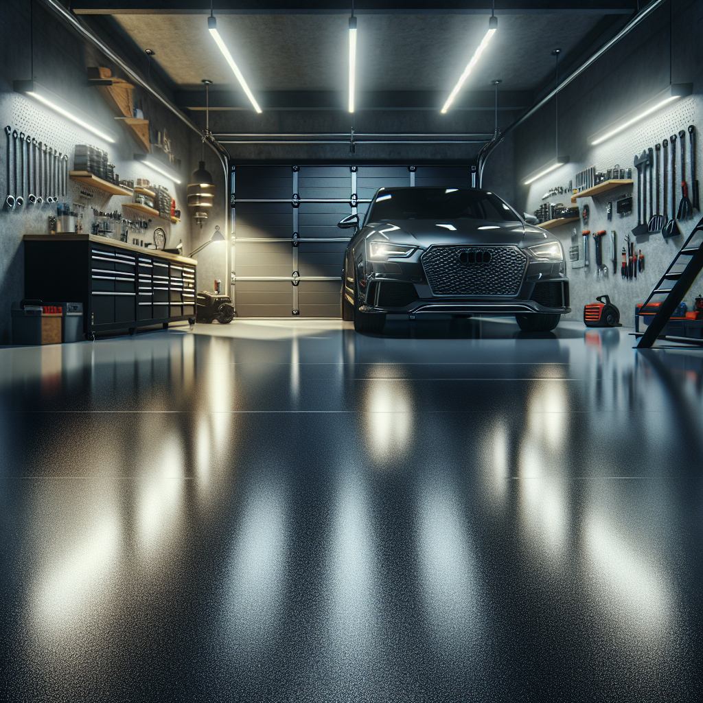 A realistic depiction of a modern garage floor with a sleek epoxy finish, featuring a parked car and organized tools.