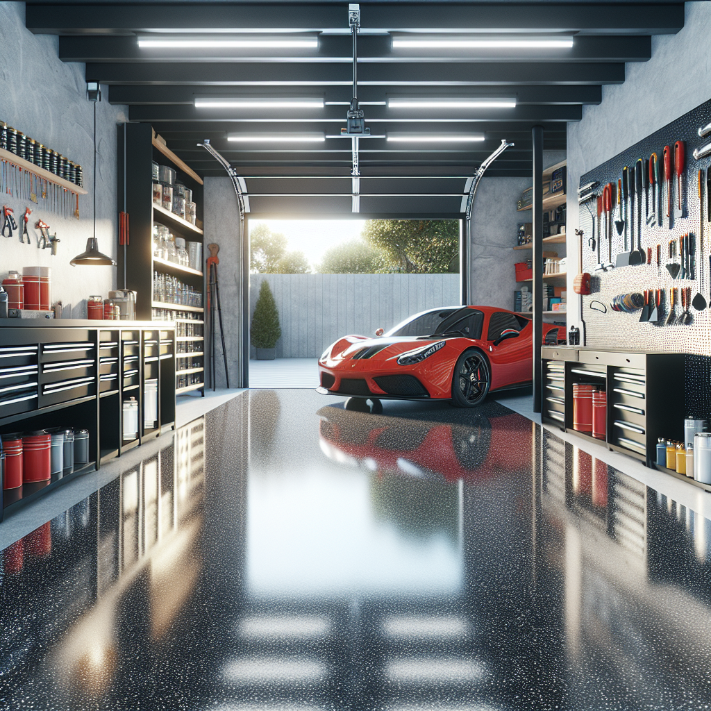 A modern garage with a glossy epoxy floor, featuring a red sports car and neatly arranged tools.