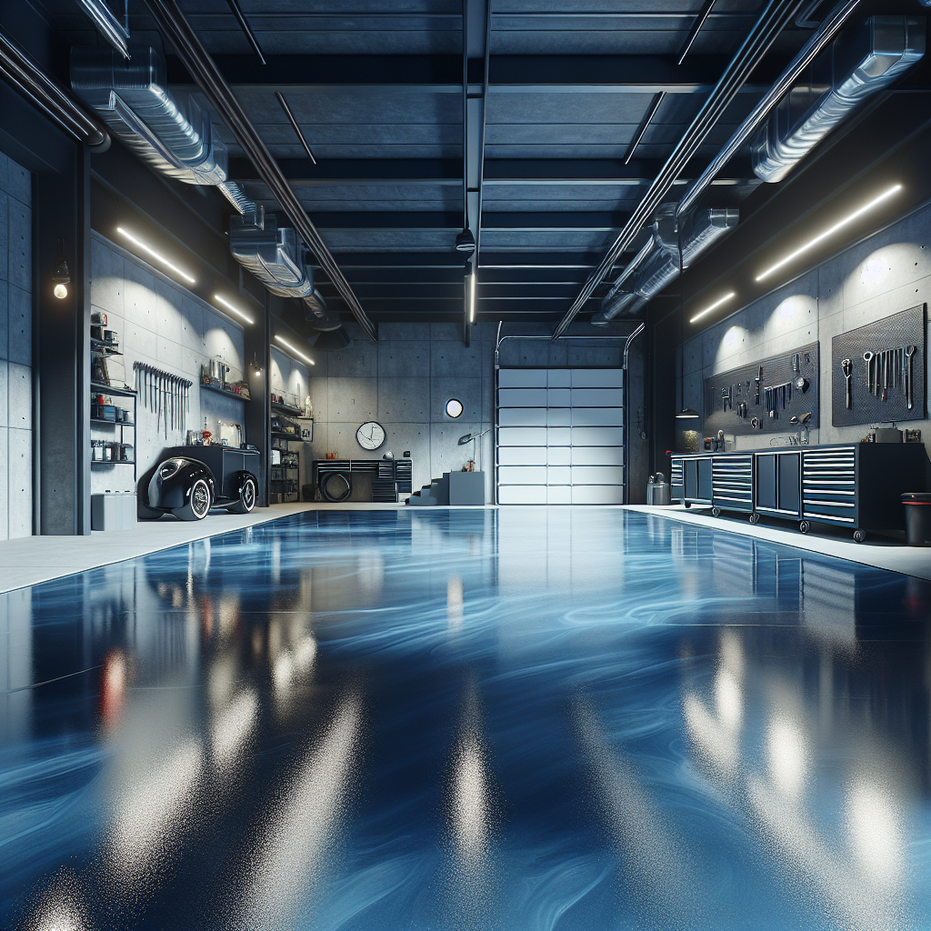 A modern garage floor with a shiny epoxy coating, showcasing a blend of deep blue and metallic silver colors.