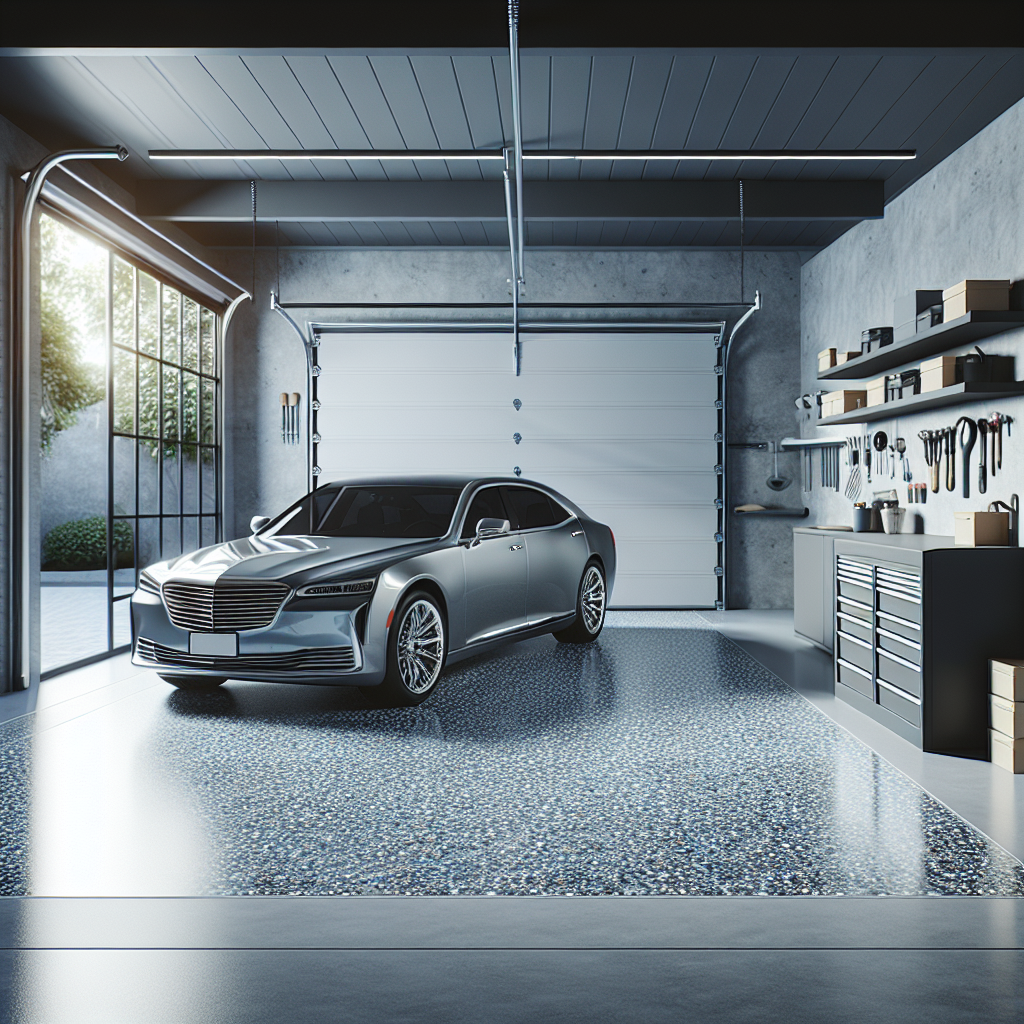 A modern garage interior with an epoxy floor, parked luxury sedan, and organized shelving.