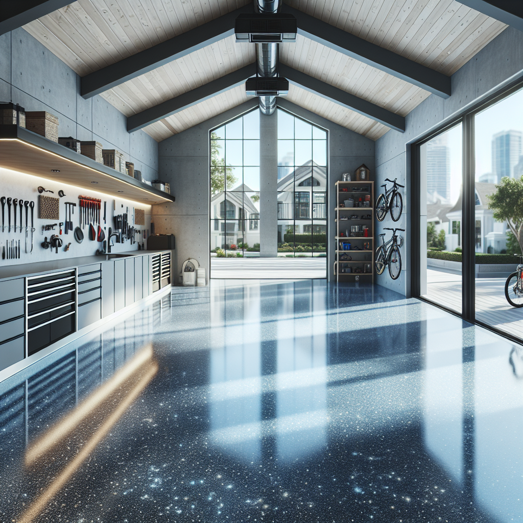 A modern residential garage with a glossy epoxy floor, tools, and bikes arranged along the walls.