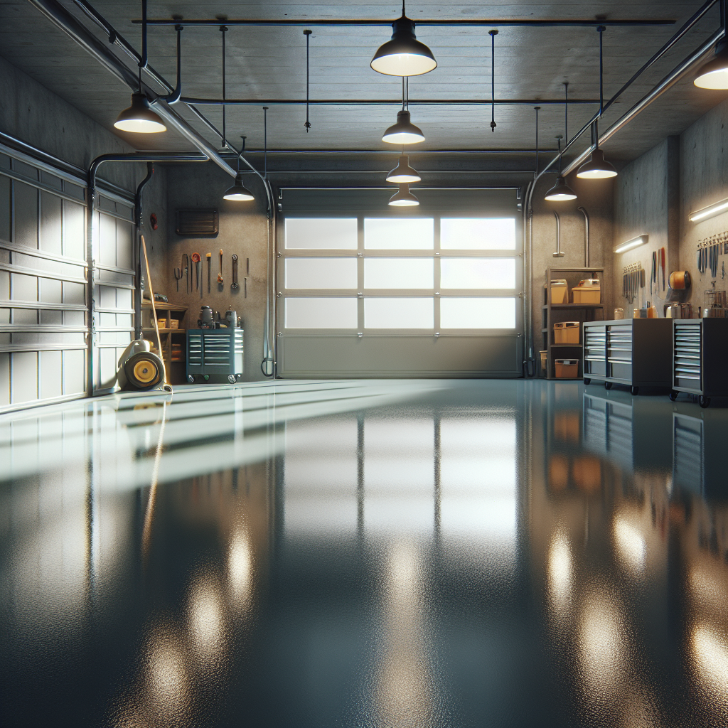 A glossy epoxy garage floor with tools and cabinets around.