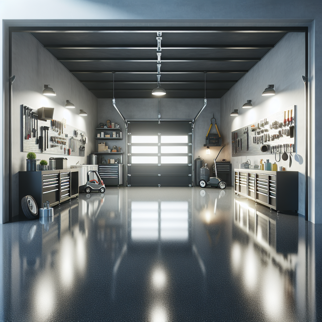 A spacious garage featuring a glossy epoxy floor with tools organized on the walls.